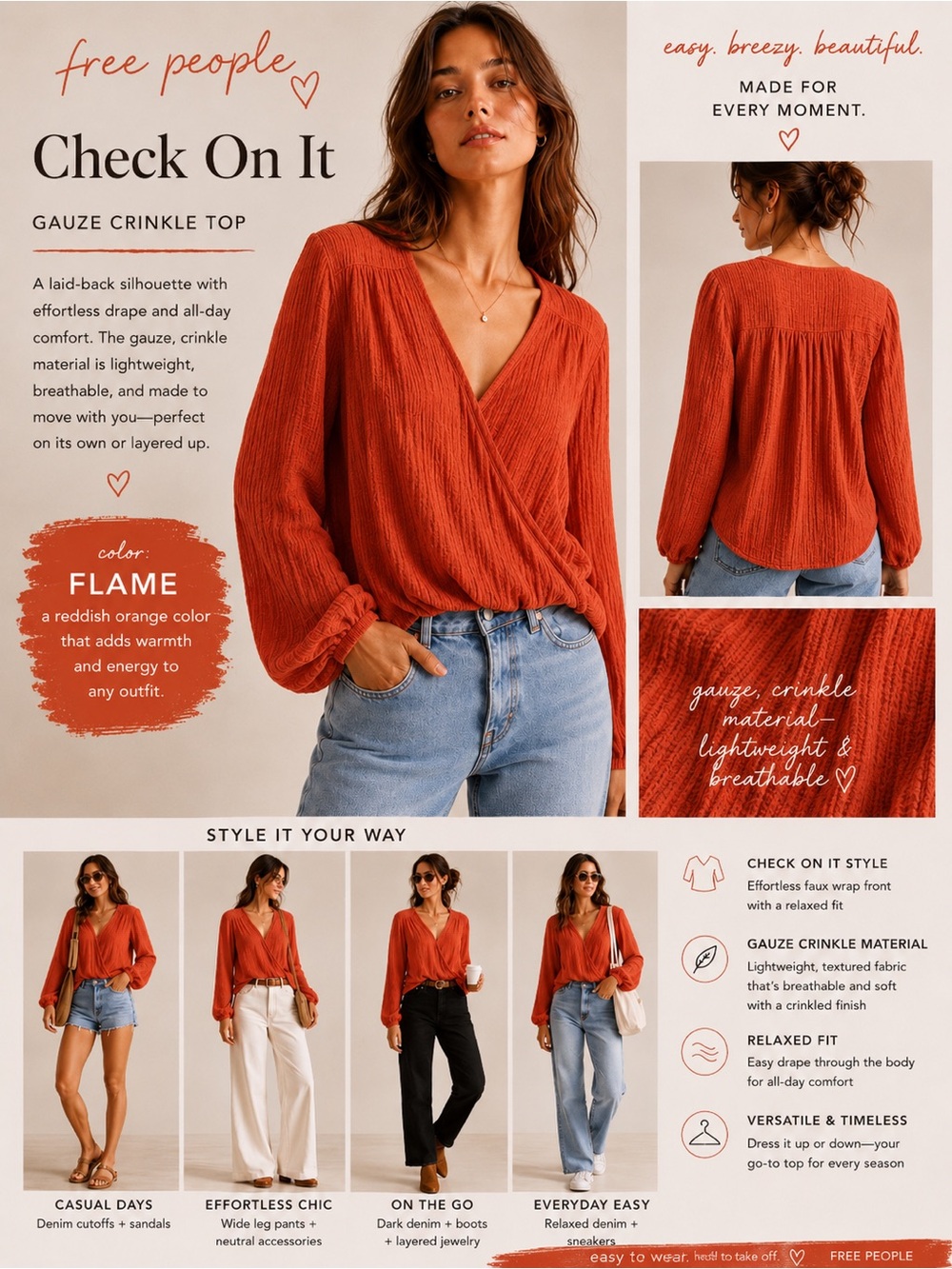 Free People "Check On It" faux Wrap Top Gauzy texture in the shade Flame sz Med